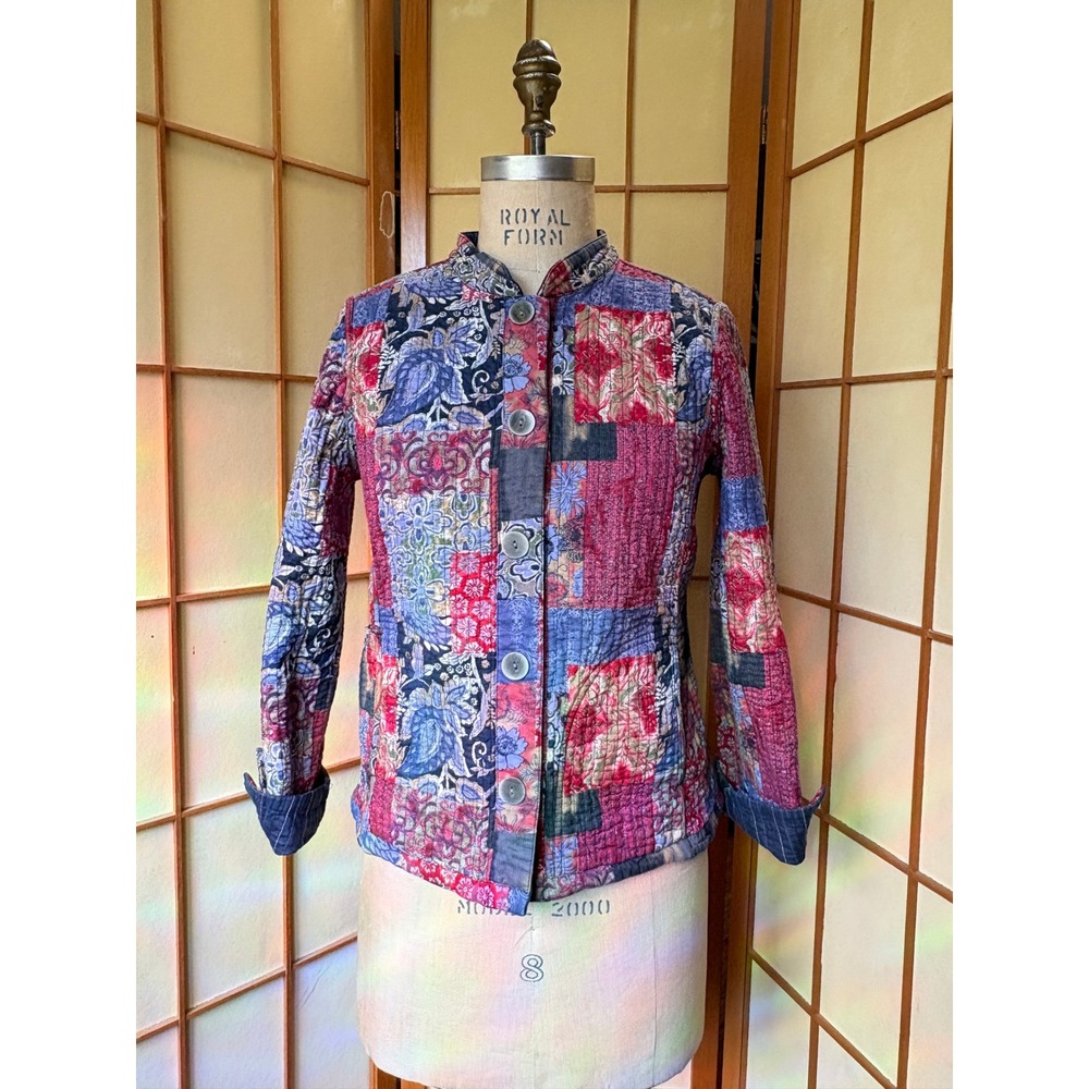 Christopher & Banks Reversible Quilted Jacket Floral Patchwork Pinstripe PM